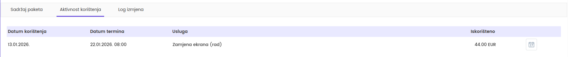 Kartica Aktivnost korištenja — paket usluga