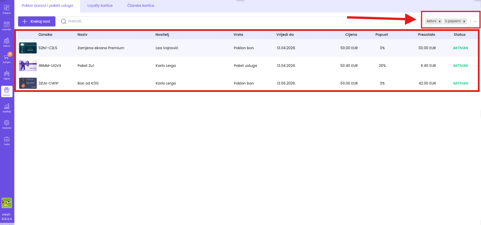 Popis svih izdanih poklon bonova i paketa usluga