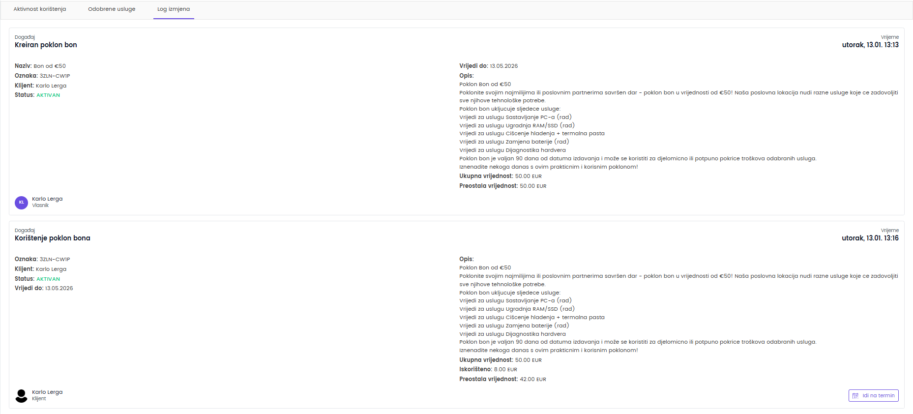 Kartica Log izmjena — poklon bon