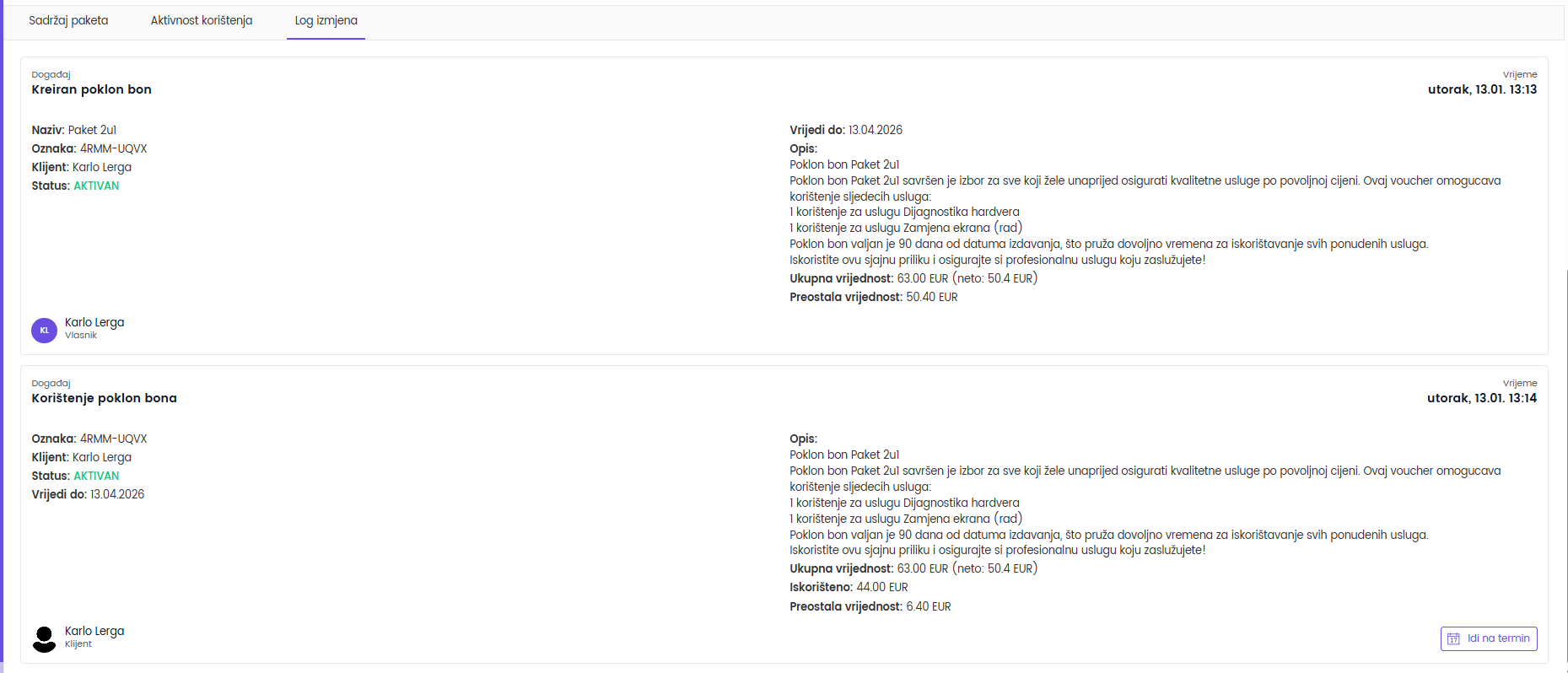 Kartica Log izmjena — paket usluga