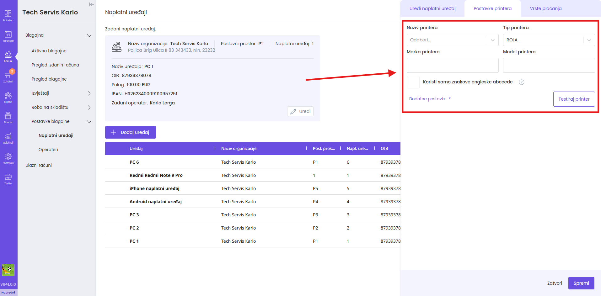 Odaberite printer i spremite postavke