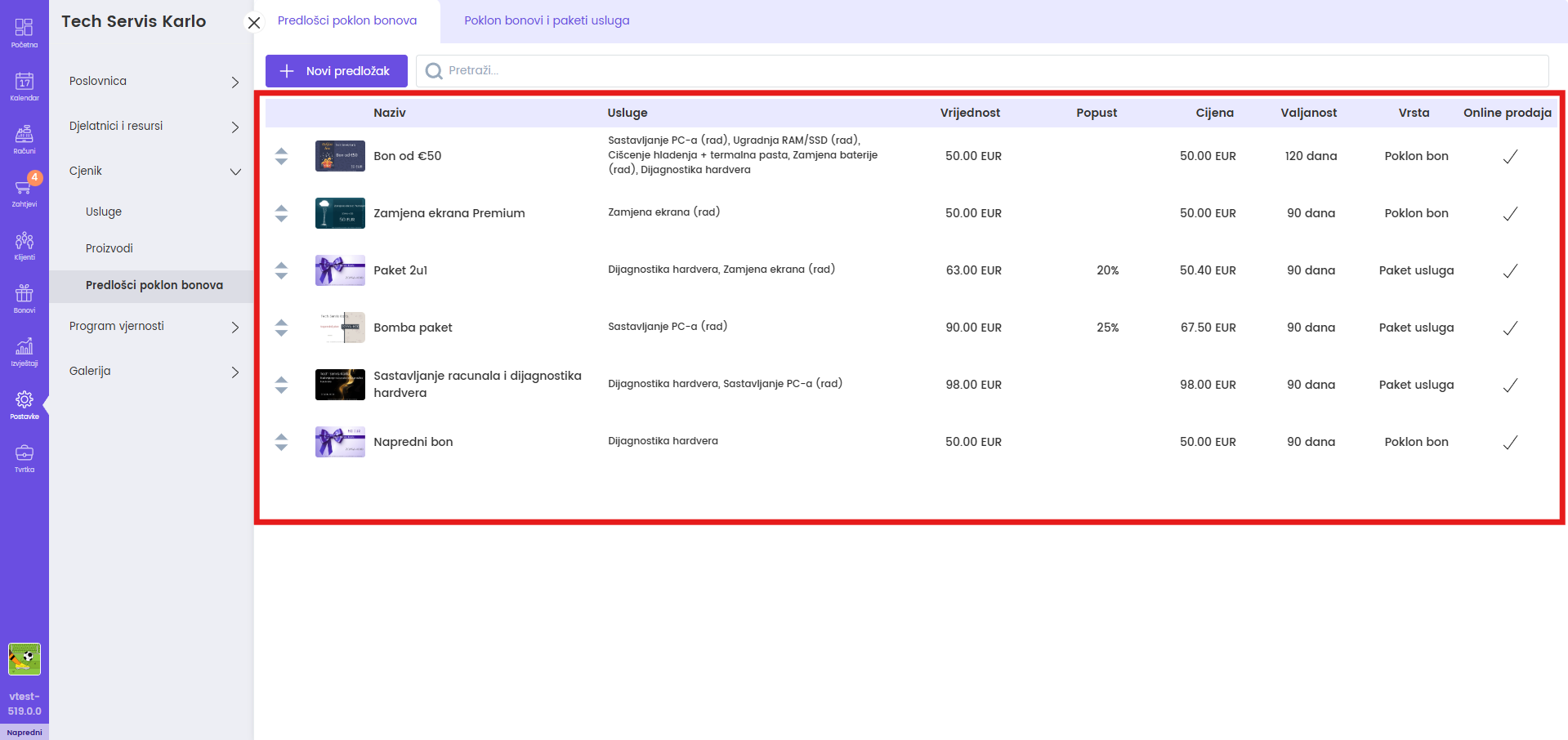 Lista predložaka poklon bonova i paketa usluga